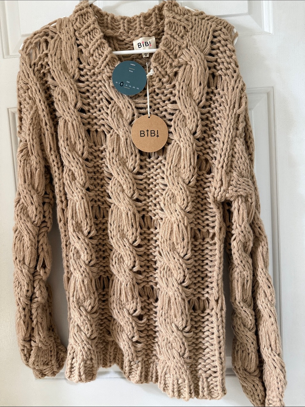 BiBi Beige Chunky Cable-Knit Scoop Neck Sweater